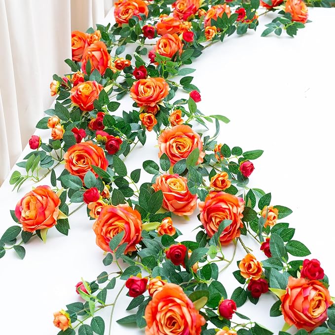 6FT Bendable Flower Garland, Artificial Rose Vine Hanging Floral Garland Decoration for Weding Home Room Wall Decor (Orange, 1pcs)