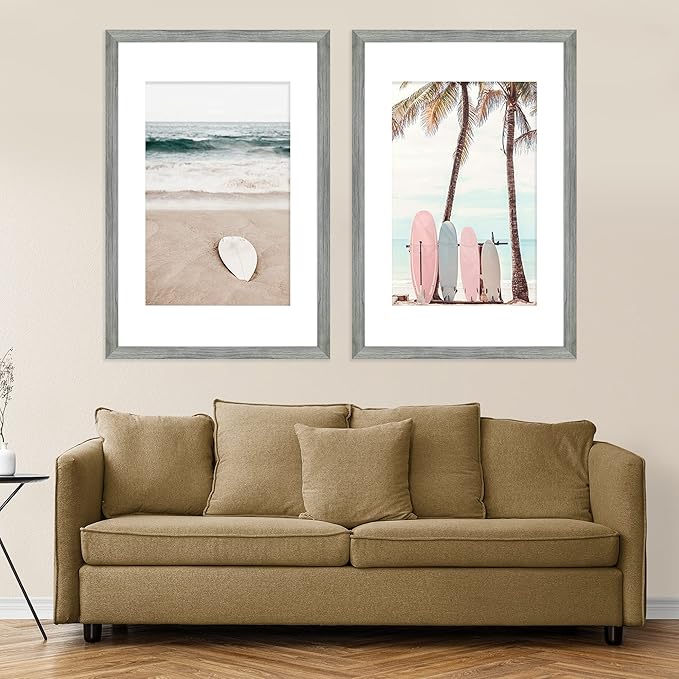 16x24 Frame Set of 2, Rustic Grey Wood Style - Display 16 x 24 Picture without Mat or 12x18 Picture with Mat, Wall Mounting Horizontal and Vertical