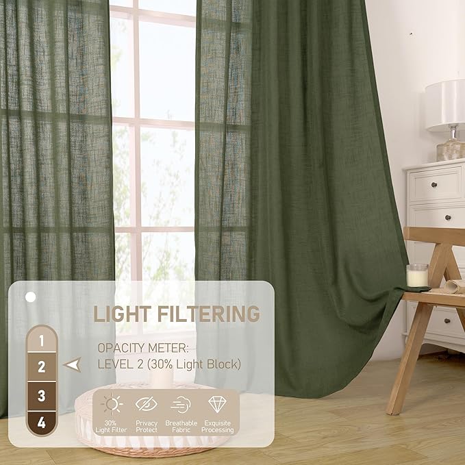 LAMIT Light Filtering Linen Curtains 68 inch for Bedroom, Linen Textured Semi Sheer Back Tab and Rod Pocket Boho Modern Christmas Decor Drapes for Living Room, Olive Green, 2 Panels, 52 x 68 Inch