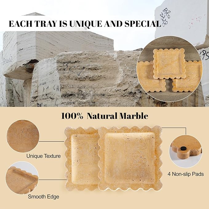 Travertine Scalloped Marble Tray, 7.8in Marble Vanity Tray, Premium Square Jewelry Dish for Perfume Earrings Keys Necklaces, Golden Decorative Tray for Bathroom, Unique Stone Dish, Decor Gift