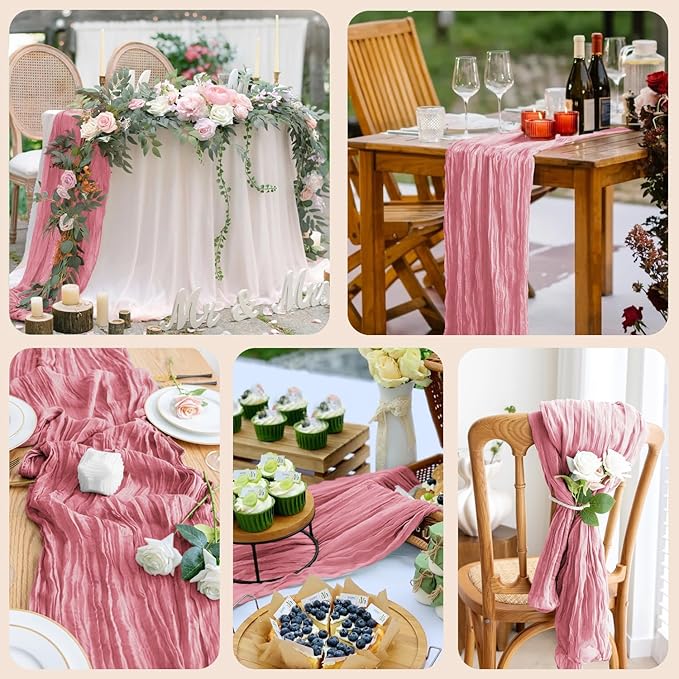 3PCS Table Runner Cheesecloth 10FT Dusty Rose Boho Gauze Cheese Cloth Rustic Sheer Table Runners for Wedding Birthday Bridal Baby Shower Party Decoration