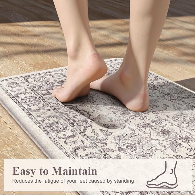 KIMODE Comfort Kitchen Floor Mats Cushioned Anti Fatigue,Boho Vintage Floral Kitchen Rugs Sets of 2,Ergonomic Memory Foam Carpet Non Slip for Sink Laundry Office,Purple Grey 17"x29.5"+17" x47”