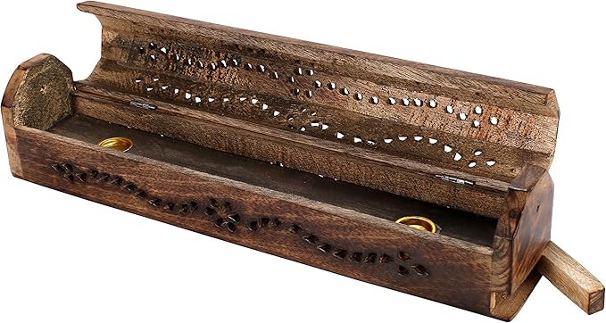 The Wooden Town 12" Hand-Carved Wooden Incense Burner – Gothic Coffin Design, Burnt Finish Ash Catcher for Sticks & Cones – Unique Spiritual & Meditation Gift, Boho Decor
