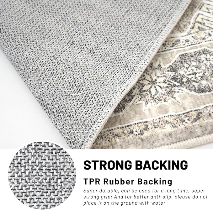 KUTA Washable Runner Rug 2.6x16, Non-Slip 16ft Extra Long Hallway Kitchen Rugs, Ivory Grey Yellow Brown Soft Printed Distressed Oriental Medallion 16ft Stair Runners Indoor for Bedroom Entryway