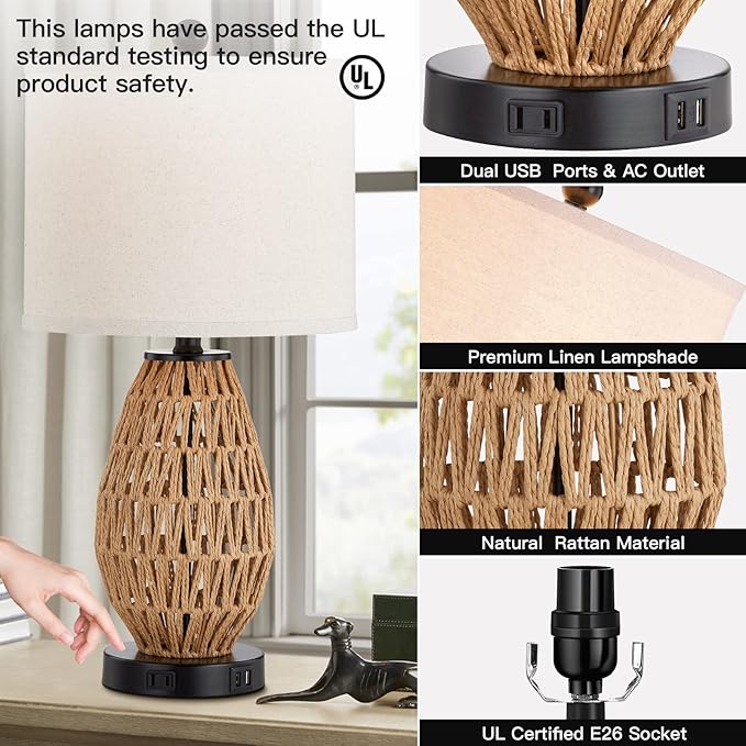 Touch Control Rattan Table Lamps, 3 Way Dimmable Bedside Lamps for Bedroom Set of 2 with 2 USB Ports and AC Outlet, Wicker Nightstand Lamps for Living Room (LED Bulbs Included), Rattan