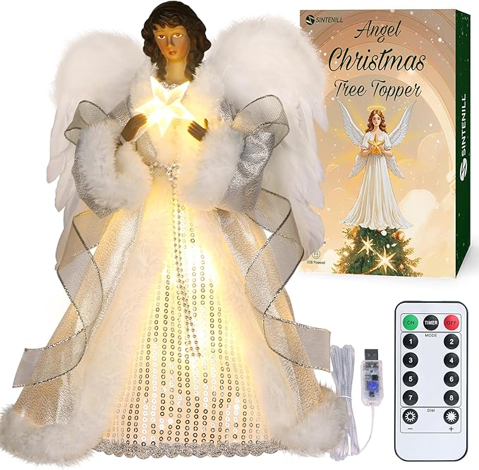 12.5" Black Angel Christmas Tree Topper with Lights, Lighted Angel Tree Topper with White Feather Wings and Star Light, Remote Control, Timer & USB Powered for Holiday Party Decor
