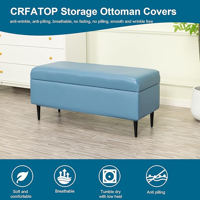 CRFATOP Waterproof PU Ottoman Stool Cover Stretch Folding Storage Footstool Bench Slipcovers Upholstered Foot Chest Chair Covers Washable Entryway Furniture Protector with Elastic Bands,M,Blue