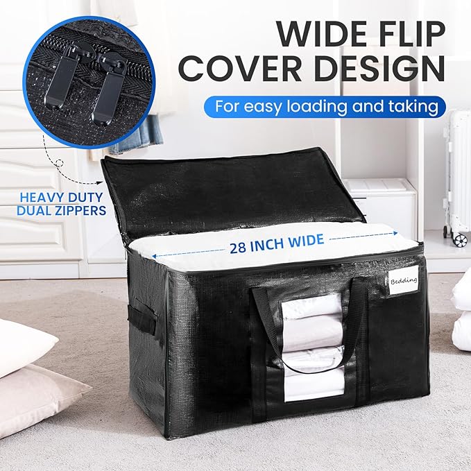 TAILI Extra Large Moving Bags, 10 Pack Black Heavy Duty Totes for Storage with Visible Window, Wrap Around Handles, Storage Bags for Space Saving, Alternative to Moving Boxes