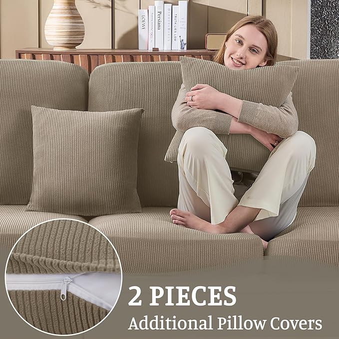 Sectional Couch Covers for Sofa Cushion L Shaped Couch Cover Washable Soft Couch Cushion Covers Stretch Sofa Slipcovers with 2 Pcs Pillowcases(3-Piece 2 Seater + 1 Chaise, Khaki)