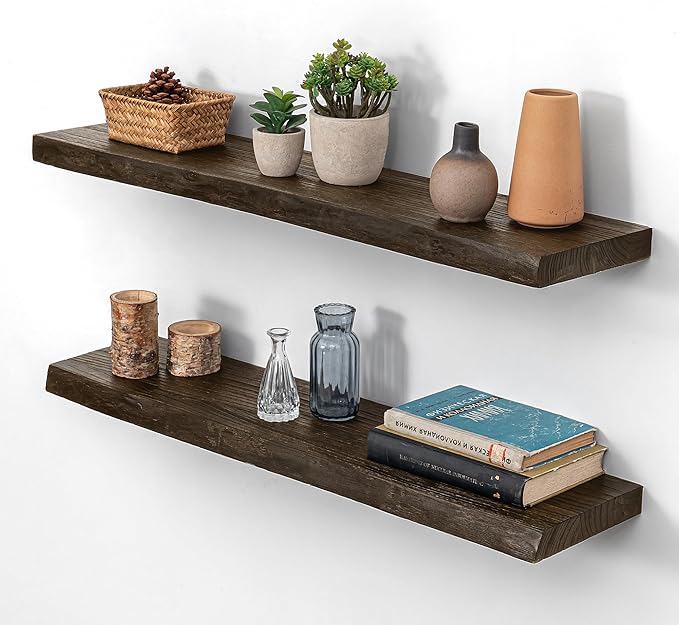 Rustic Floating Shelves for Home Decor, 32 Inch Long Wall Shelves Set of 2, Solid Elm Wood Live Edge Floating Shelf for Wall, 8 Inch Deep Bookshelf for Storage, 32 x 8 Bathroom Shelf, Walnut Color