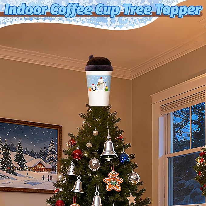 Coffee Cup Christmas Tree Topper, 8inch Coffee Themed Gifts with Winter Polar Bear Penguin and Snowflake Velvet Tree Top Decor for Home/Office Coffee Party Xmas Christmas Decoration, Coffee Lover