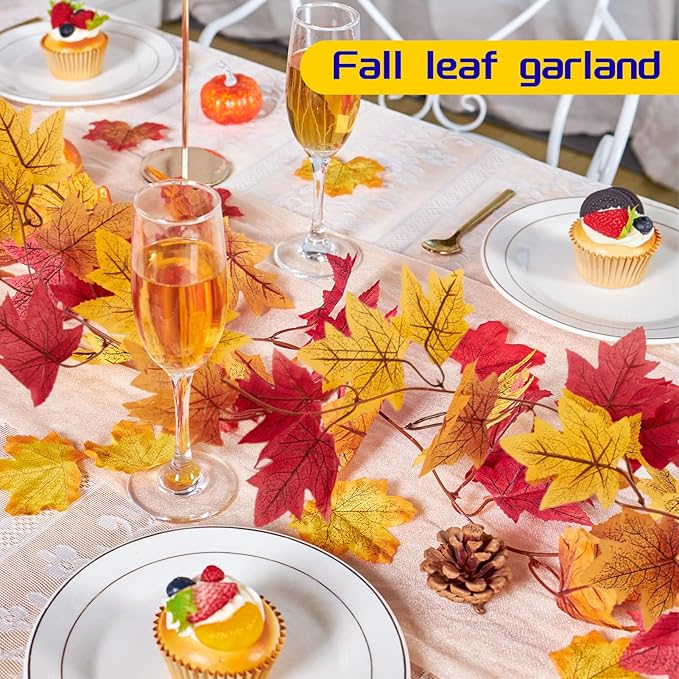 Fall Party Decorations, Fall Hanging Paper Fans, 100 Pcs Artificial Maple Leaves, Fall Leaves Garland, Fall Hanging Decorations, Pumpkin Orange Colors for Thanksgiving, Harvest Home Decor