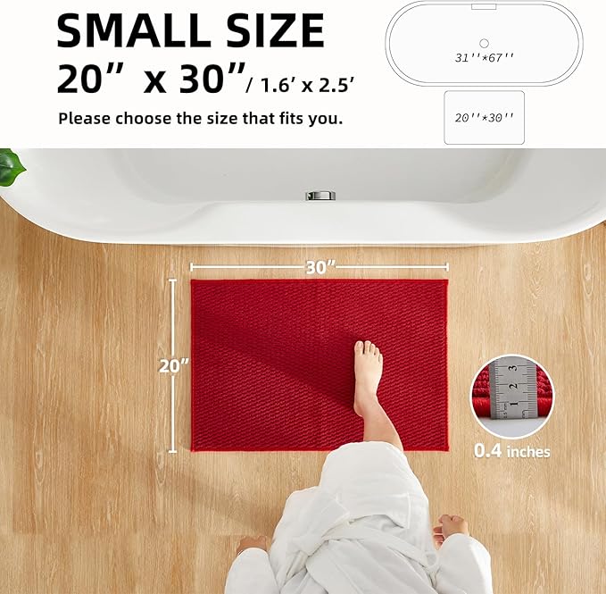 Christmas Bathroom Rugs Non Slip Washable, Super Absorbent Thin Bath Mat Small Quick Dry Low Pile Bathroom Rug, Red 20"x30"
