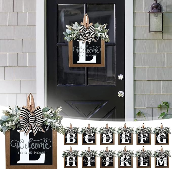 Last Name Year Round Front Door Wreath Front Porch Decoration 26 Letter Welcome Sign with Eucalyptus Garland and Bow Spring Wreaths for Front Door Outside Hanger Garland（L）