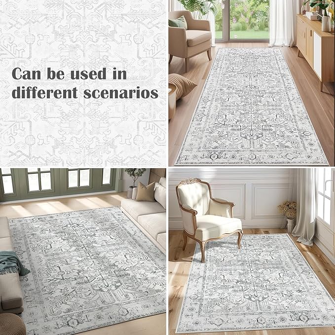 jinchan Lima Hallway Runner Rug 2x10 - Kitchen Washable Rug Floral Runner Non Slip with Rubber Backing Ultra-Thin Vintage Carpet for Bedroom Laundry Room Living Room (2x10ft, Grey)