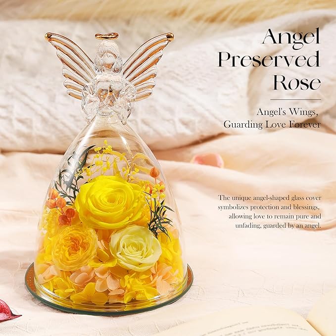 RoseValley Angel Roses Gifts for Mom,Preserved Real Flowers Roses in Glass Angel Figurines,Christmas Birthday Gifts for Grandma Women Mom Wife Mother in Law/Yellow