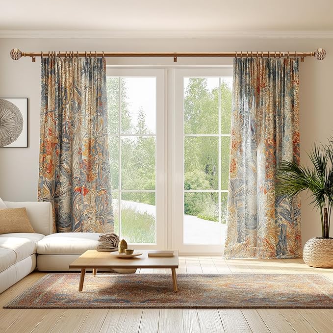 2 Pack Gold Curtain Rods for Windows 28 to 48 Inch,1'' Diameter Drapery Rods with Leaf Pattern Finials,Decorative Adjustable Heavy Duty Curtain Rods Set,18-60'',Antique-Gold Wood