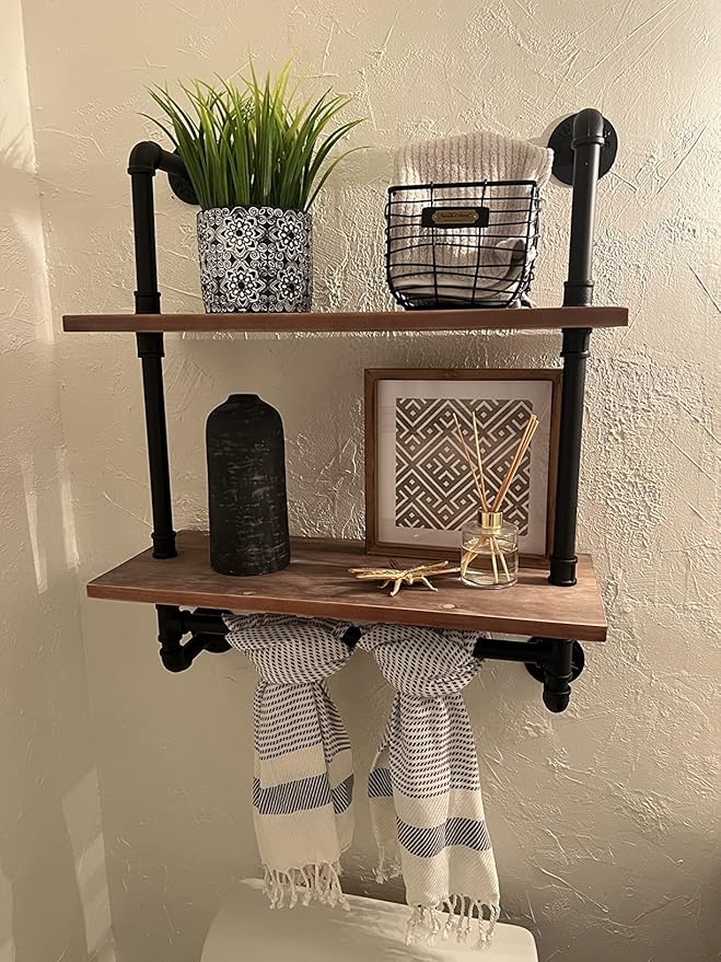 ROGMARS Industrial Pipe Shelf Floating Shelves Bathroom Pipe Shelving Farmhouse Bathroom Shelves with Towel Bar Towel Rack Over Toilet Industrial Shelf Rustic Wall Wood Shelves 19.7 Inch