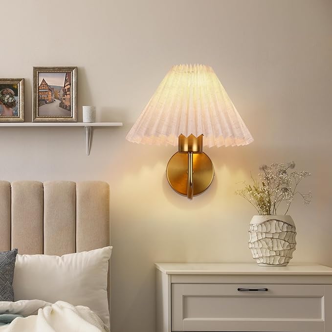 Battery Operated Wall Sconce, Wireless Wall Sconces, Pleated Shades Rechargeable Wall Lights with Remote Control, Dimmable 15 Colors & Magnetic Bulbs Home Decor for Bedroom Living Room(Gold)
