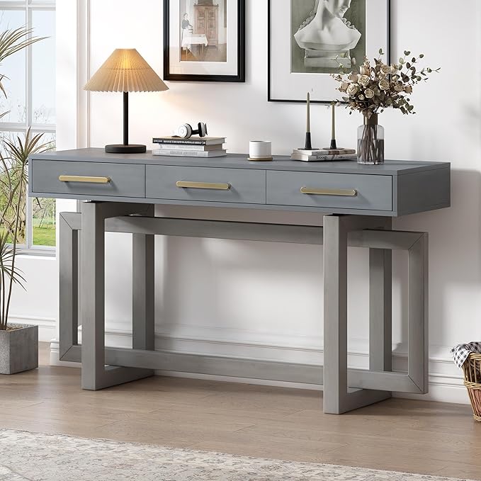 Knocbel Long Console Table with 3 Drawers and Handle, Elegant Entryway Sofa Table End Table with Cross Sled Base for Living Room Foyer, Corridor 15.7" D x 57" W x 30.6" H Antique Gray