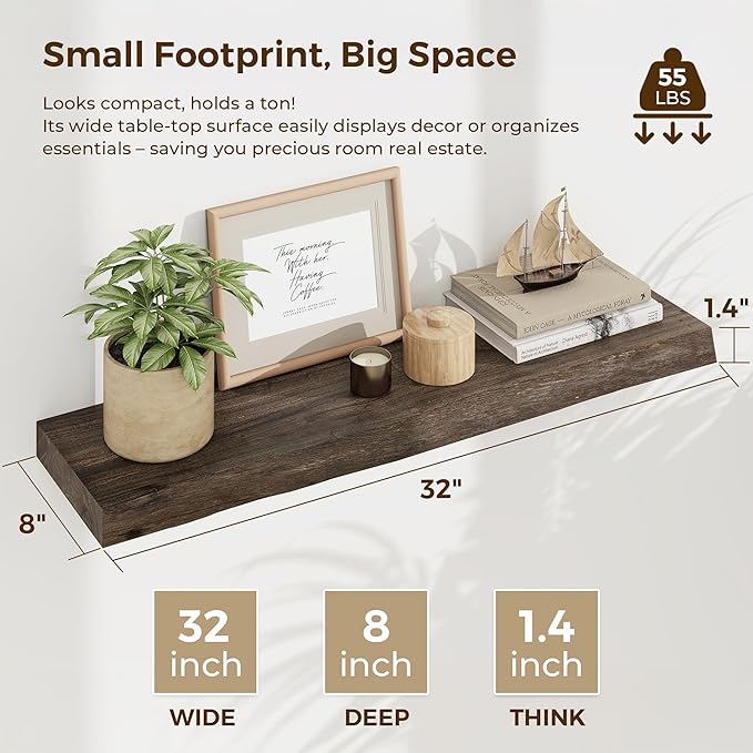 Rustic Floating Shelves for Home Decor, 32 Inch Long Wall Shelves Set of 2, Solid Elm Wood Live Edge Floating Shelf for Wall, 8 Inch Deep Bookshelf for Storage, 32 x 8 Bathroom Shelf, Walnut Color