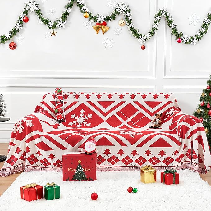 Christmas Couch Cover with Gift Box, Sofa Cover Christmas Tree and Snowflake Design, Sofa Cover for 2 Cushion Couch, Holiday Couch Cover Blanket, Xmas Home Room Festival Decoration, Xmas Gifts