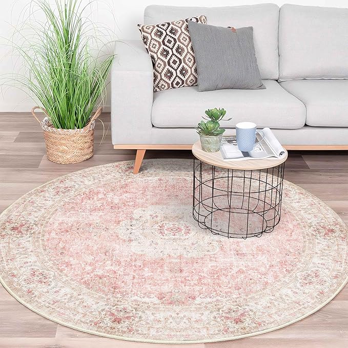 Pink Round Rug 5ft, Circle Boho Area Rugs for Bedroom Living Room,Washable Vintage Bohemian Distressed Oriental Floral Carpet Non Slip,Blush