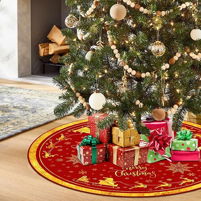 Christmas Tree Skirt 36 Inch, Gold Santa Reindeer Snowflake Merry Xmas Decor, Winter Christmas Tree Mat for Home Party Holiday Indoor Outdoor Decorations