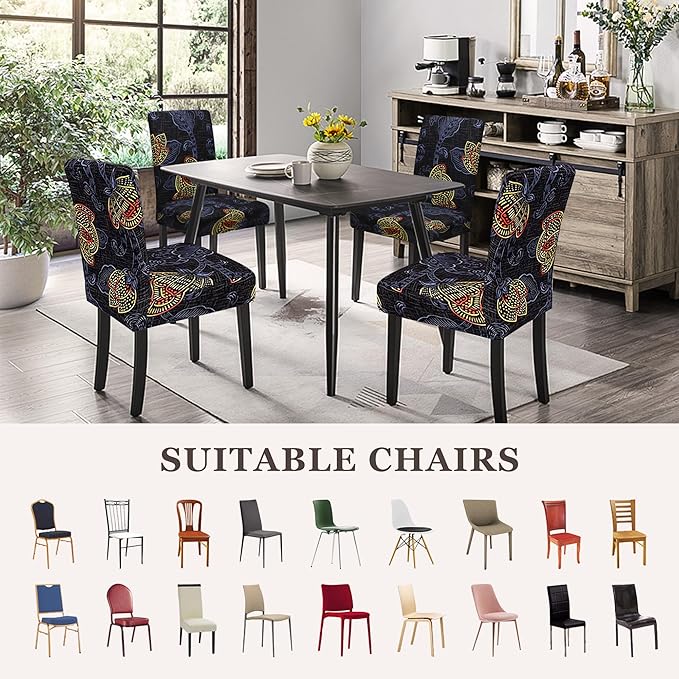 Sufdari Dining Chair Covers,Kitchen Chair Cover,Parsons Chair Slipcover,Spandex Chair Protectors for Dining Room Stretch Chairs Cover Set of 8 -Gold Leaves