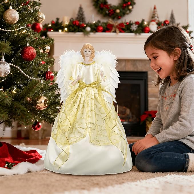 16 Inch Angel Tree Topper, Large Christmas Tree Topper Angel with Lights Decorations Battery-Powered Angel Ornaments for Christmas Tree with Feather Wings Xmas Tree Toppers Indoor Decorations-Gold