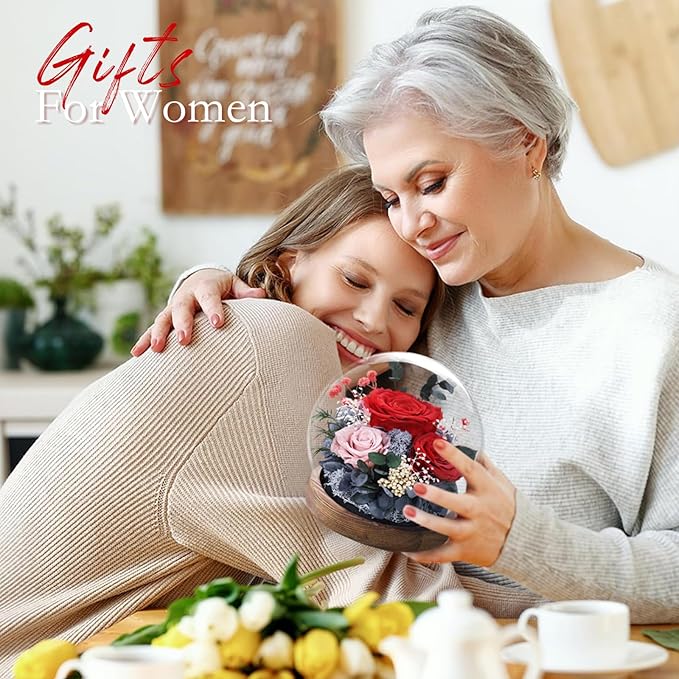 FIACO Valentines Gifts for Her Preserved Flowers in Glass Dome Long-Lasting Eternal Roses Birthday Gifts for Women Mom Grandma Wife Girlfriend Red Forever Flowers for Delivery Prime