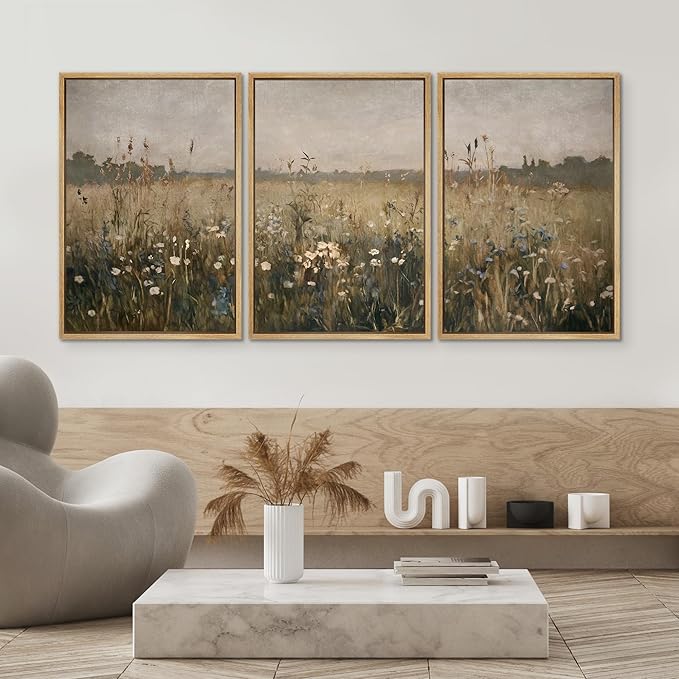 SIGNWIN Framed Canvas Print Wall Art Set Wildflower Meadow Rustic Floral Field Landscape Illustrations Modern Art Decorative Rustic Calm/Zen for Living Room, Bedroom, Office - 24"x36"x3 Natural