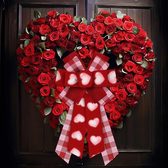 Large Valentine's Day Wreath Bows Valentines Pink Plaids Red Love Hearts Burlap Fabric Bows for Wreath Valentines Decor Ribbon Bows for Valentine's Day Party Wedding Indoor Outdoor Decoration Supplies