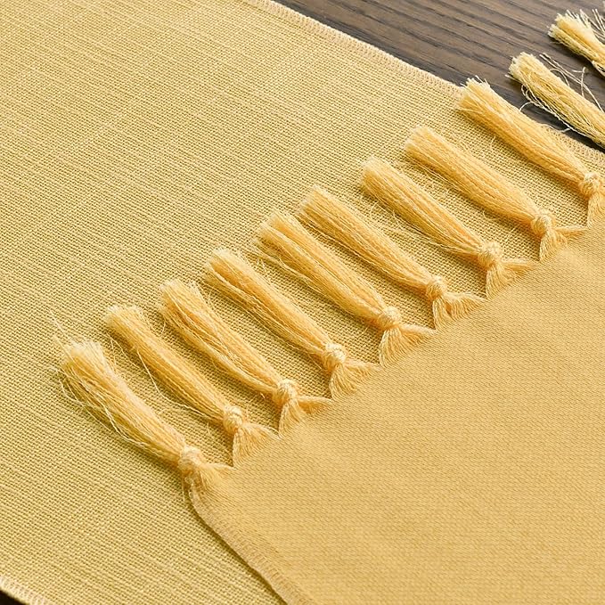 Artoid Mode Yellow Tassel Table Runner, Summer Linen Blend Rustic Farmhouse Style Kitchen Table Decoration Holiday Wedding Party Dinning Decor 13x36 Inch