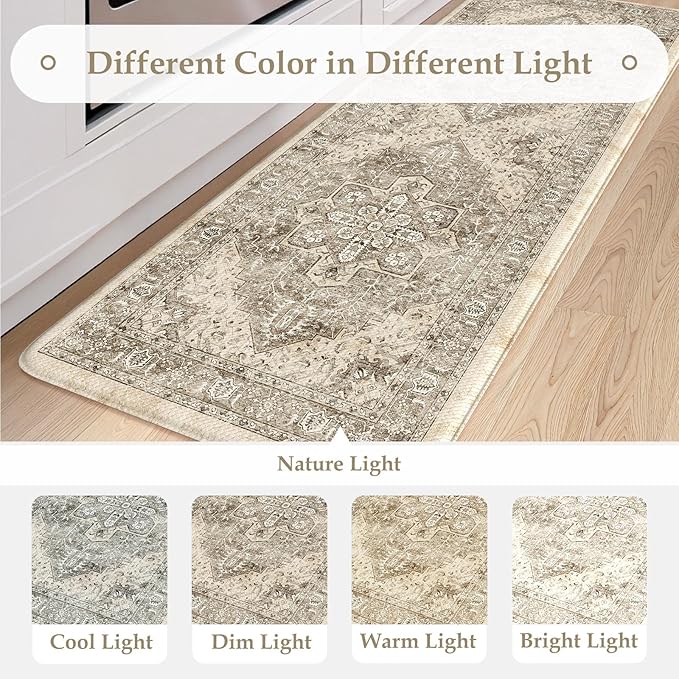 KIMODE Anti Fatigue Kitchen Mats 2 PCS 17"x47"+17"x29.5", Boho Kitchen Rugs and Mats, Non Slip Cushioned Kitchen Mats for Floor, Waterproof Kitchen Floor Mats for Laundry, Office, Sink, Khaki