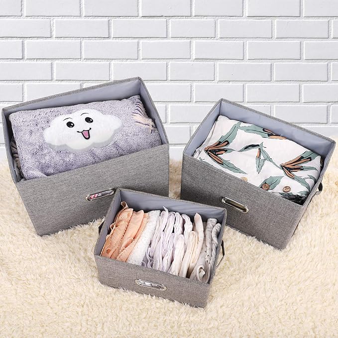 Large Linen Fabric Foldable Storage Bins with Removable Lid and Handles, Washable Storage Box Organizer Containers Baskets Cube with Cover for Bedroom,Closet,Nursery (Grey, Medium(2-Pack))