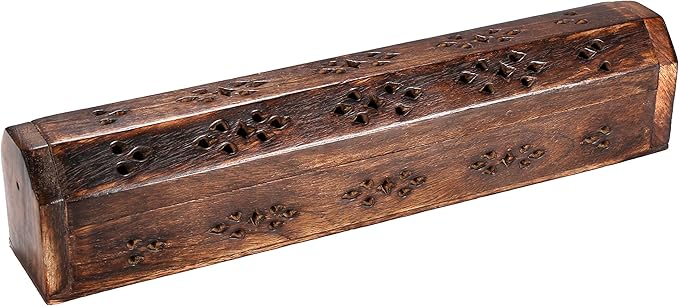 The Wooden Town Coffin Incense Stick Cone Burner Holder Stand with Storage Compartment Ash Catcher Hand Carved, Incense Stick Stand, Stick Holder, Incense Burners - Burnt Color - 12"x2.25"x2.75"