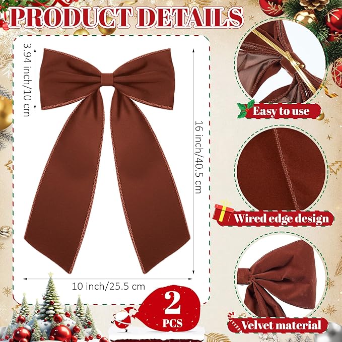 Riceshoot 2 Pcs 10 x 16 Inch Large Bows Valentine's Day Tree Decorations Velvet Ribbon Tree Topper Velvet Wreath Bows with Wired Edge for Valentines Home Fireplace Indoor Outdoor Decor (Brown)