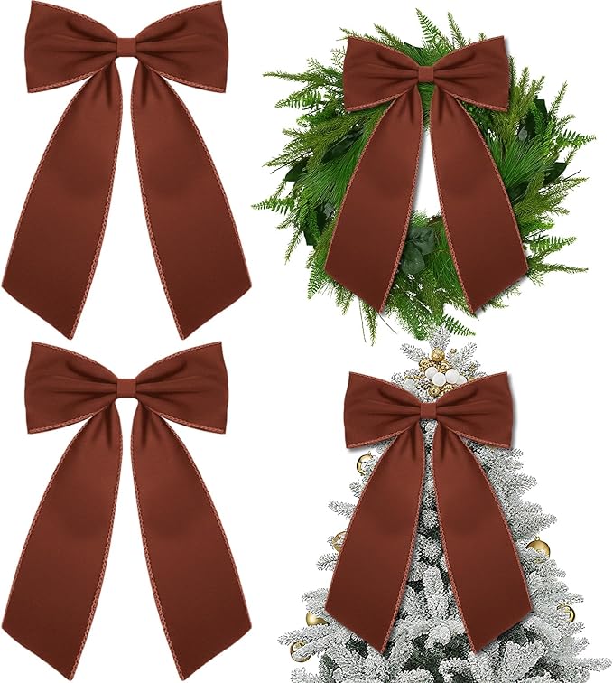 Riceshoot 2 Pcs 10 x 16 Inch Large Bows Valentine's Day Tree Decorations Velvet Ribbon Tree Topper Velvet Wreath Bows with Wired Edge for Valentines Home Fireplace Indoor Outdoor Decor (Brown)