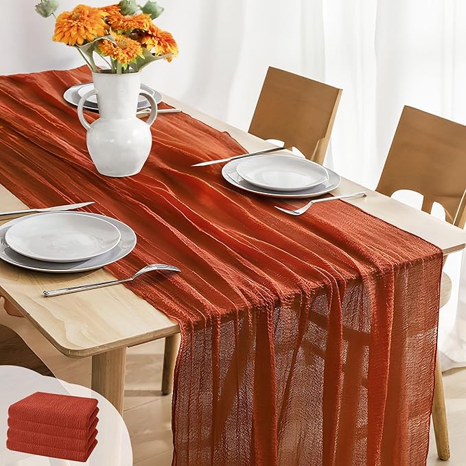 JOYIT 4 Pack Cheesecloth Table Runner 35" x 120" – Boho Table Runner Set for Wedding, Birthday, and Party Decor, Romantic Gauze Table Runner for Rustic and Elegant Tablescapes (Terracotta)