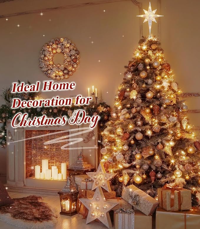Luxspire Christmas Tree Topper, Lighted Star Tree Topper with USB Plug-in & Remote Control, 10" LED Christmas Decorations Light, Xmas Trees Vintage Ornament for Home, Bethlehem Star-Silver