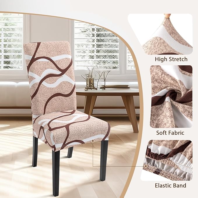 SearchI Dining Room Chair Covers Set of 4, Stretch Printed Parsons Chair Slipcovers Super Fit Spandex Removable Washable Kitchen Chair Protector Cover for Dining Room, Hotel, Ceremony (Khaki)