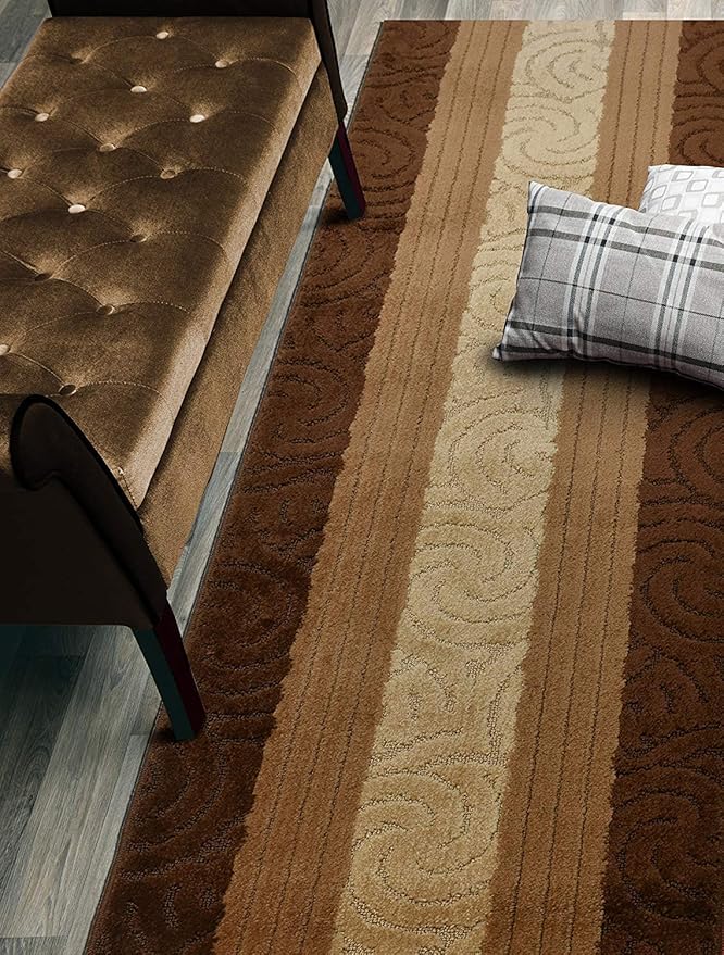 Custom Size Hallway Runner Rug, Slip Resistant, 26 Inch Wide X Your Choice of Length, Scroll Brown, 26 Inch X 7 feet