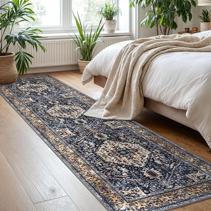 KOZYFLY Runners for Hallways 2x8 Ft Washable Kitchen Runner Rug Boho Runner Rug for Entryway Indoor Gold Navy Printed Oriental Faux Wool Floor Carpet Runner for Bedroom Kitchen Hall