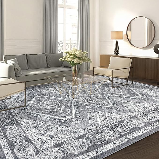 KUTA Living Room Rug 6x9 Grey Soft Blue, Washable Large Area Rugs 6ft x 9ft, Non-Slip Boho Printed Oriental Dining Room Carpet, Indoor Low-Pile Cozy Room Throw for Office Bedroom