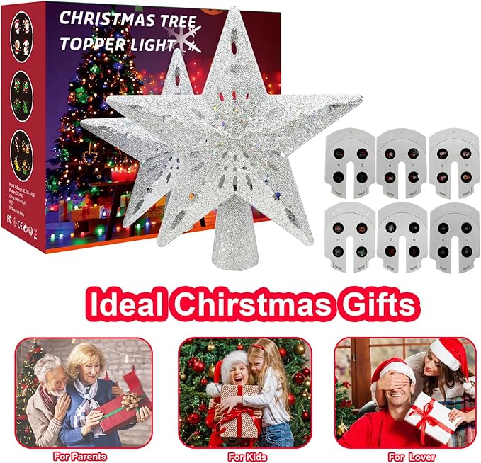 10" Christmas Tree Topper Projector with 6 Projection Modes, Built-in LED Rotating Light, 3D Glitter Dynamic Projector Light Up Xmas Tree Topper Star for Christmas Holiday Party Decorations Gifts