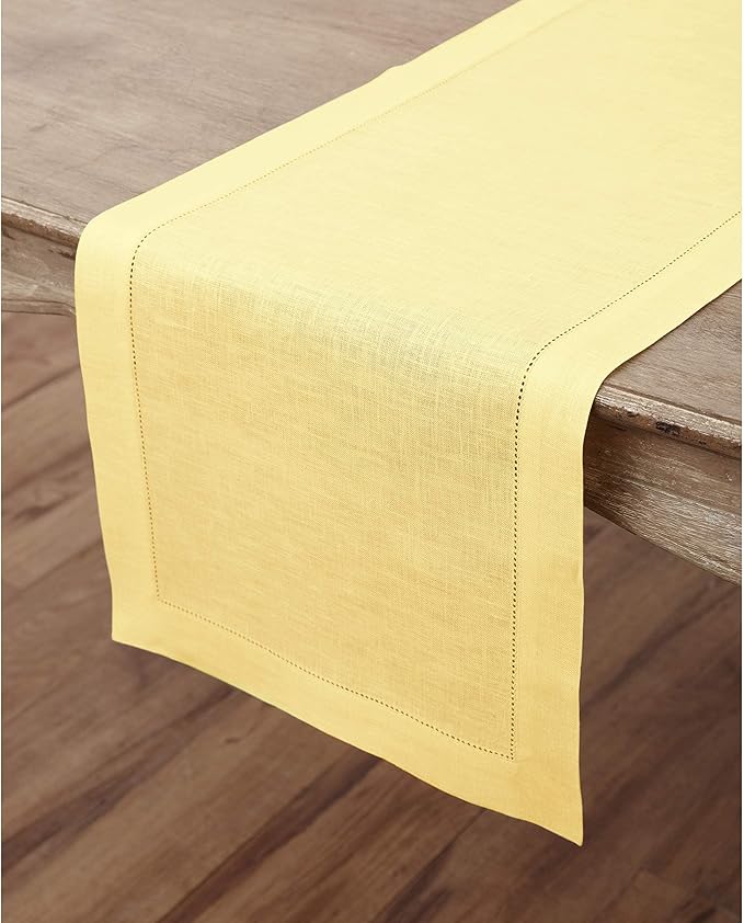 Solino Home Linen Yellow Table Runner 132 Inches Long - 100% Pure Linen Extra Long Table Runner 14 x 132 Inch for Valentines, Spring, Easter - Classic Hemstitch