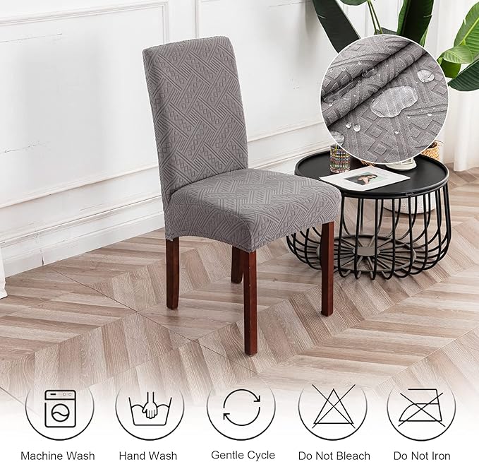 Genina Waterproof Dining Room Chair Covers Stretch Parsons Chair Slipcovers for Dining Room Kitchen Chair Protector Cover, Removable, Washable (4, Pattern1-Light Gray)