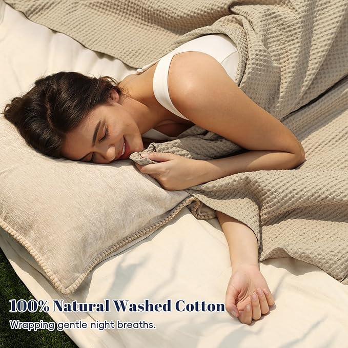 PHF 100% Cotton Waffle Weave Blanket Queen Size for Bed,Snag Proof Lightweight Breathable Throw for Couch,Great for Layering in Cold Weather,Machine Washable, Home Decor Gift-Khaki/Simply Taupe