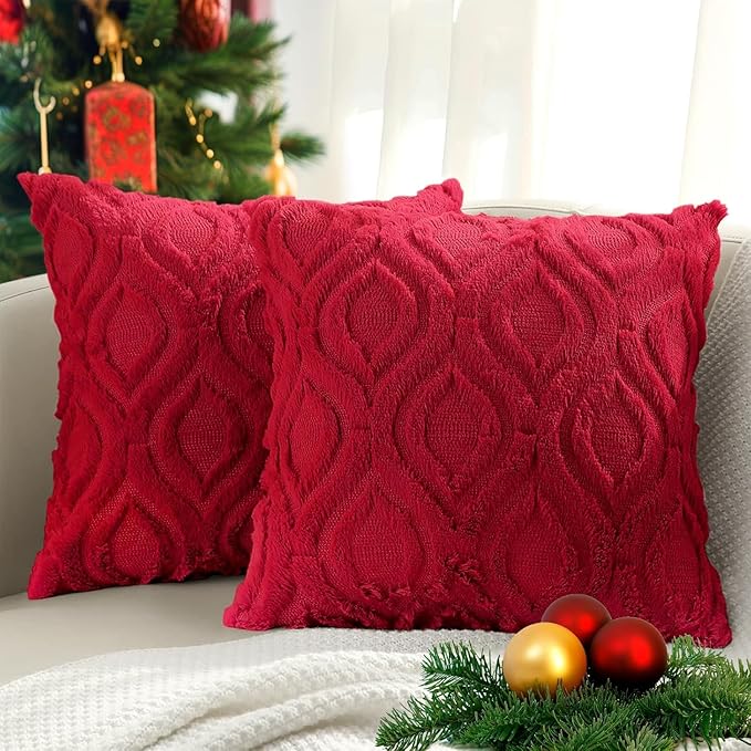 decorUhome Christmas Throw Pillow Covers 22x22 Inch Set of 2, Soft Plush Faux Wool Red Solid Couch Pillow Covers, Accent Farmhouse Neutral Square Pillow Cases for Sofa Bed Living Room